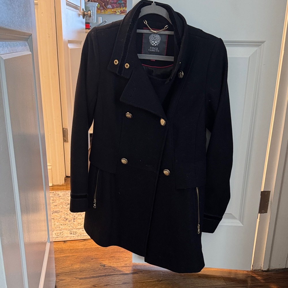 Vince Camuto Black Pea Coat with Gold Buttons